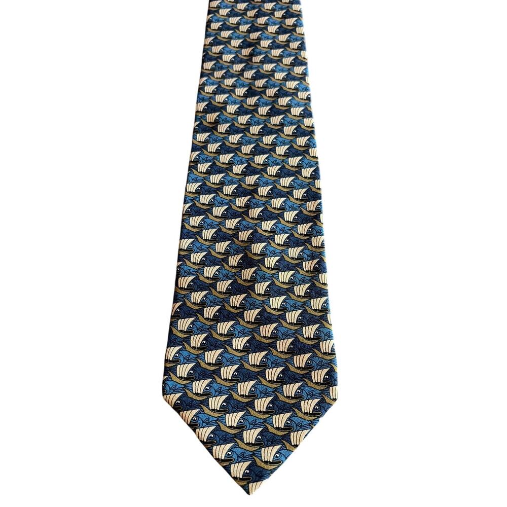 MC Escher Boxelder 100% Silk Tie Fish Boats Symmetry Fine Art Blue Tan Necktie
